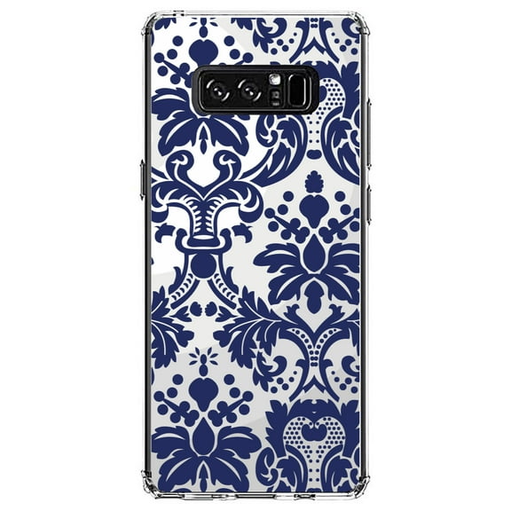 DistinctInk Clear Shockproof Hybrid Case for Samsung Galaxy Note 8 - TPU Bumper, Acrylic Back, Tempered Glass Screen Protector - Blue Grey Damask
