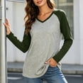 thumbnail image 5 of Color Block Raglan Sleeve V Neck Contrast Dark Green Sleeve Curved Hem Long Sleeve Casual Baseball Tee for Women Spring Fall Basic Layering Top, 5 of 7