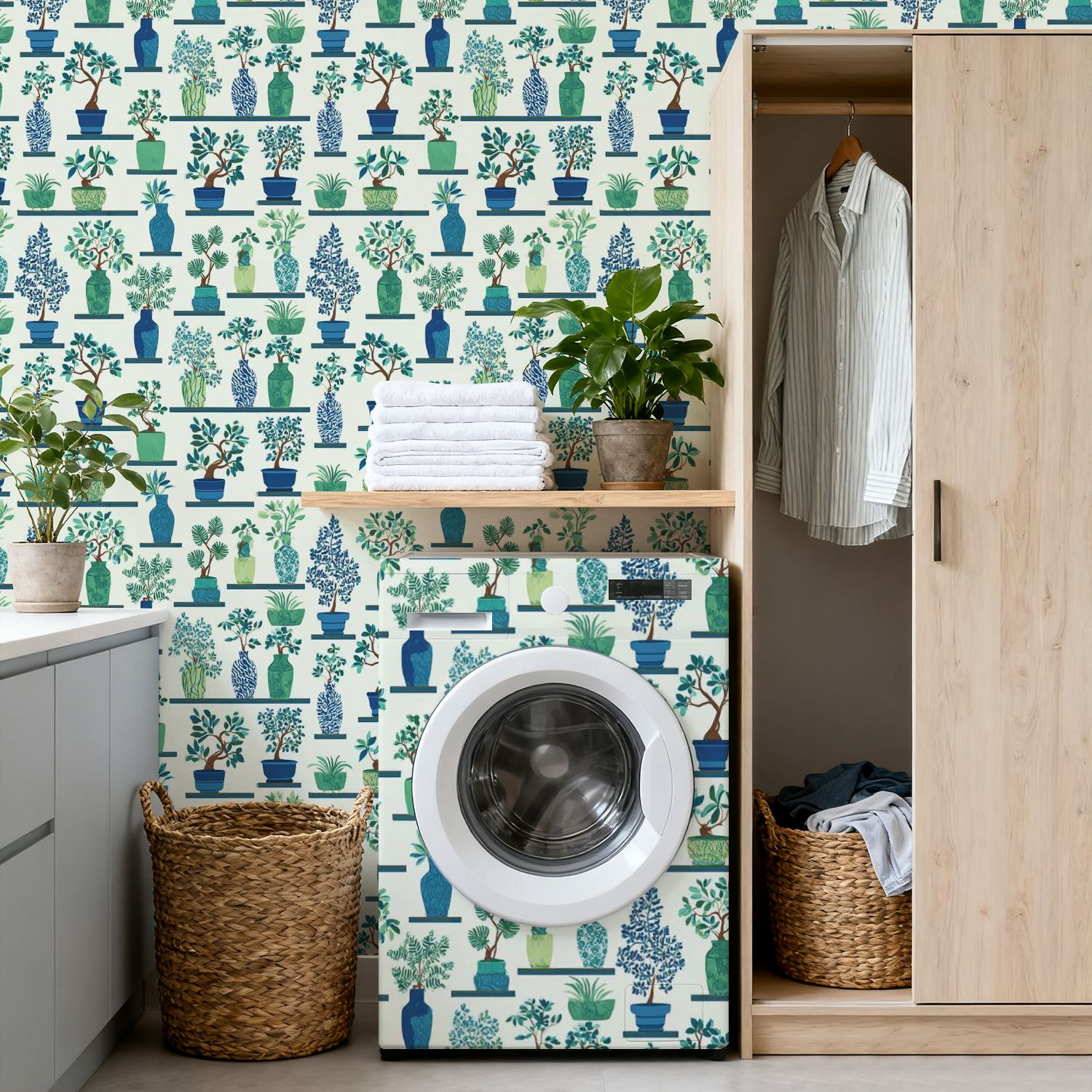 Peel and Stick Wallpaper 17.7in x 9.8ft Greenery Botanical Vases Stylized Plants Florals Contact Paper Vinyl Self-Adhesive Removable Wall Paper for Bedroom DIY Home Decor Renter Friendly