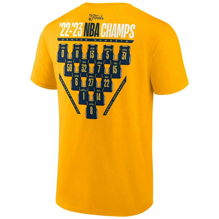 Men s Fanatics Branded Gold Denver Nuggets 2023 NBA Finals Champions Close Out Jersey Roster T Shirt