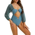 thumbnail image 4 of Bikini de una pieza con escote en V, mangas largas, malla y control de abdomen, color gris, talla X-Large, 4 of 5