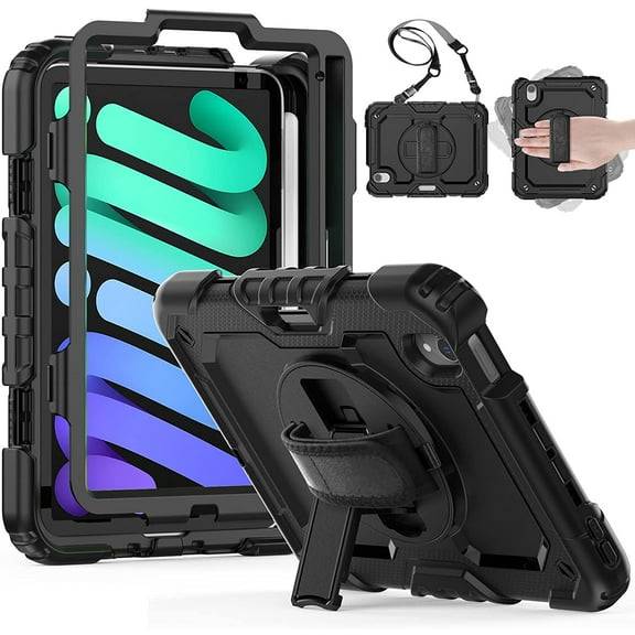 iPad Mini 6 Case 2021 with Pencil Holder Screen Protector [360 Rotating Stand/Hand Strap]   Shoulder Strap, HXCASEAC Shockproof Full Body Protective Case for iPad Mini 6th Generation 8.3 inch