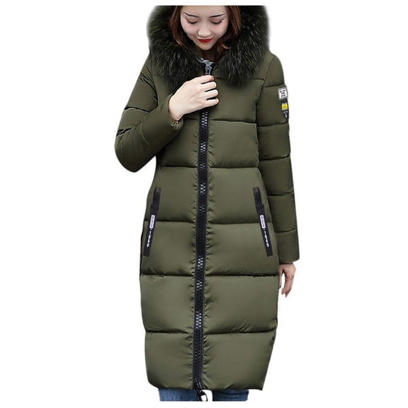 Women's Winter Warm Hooded Cotton Coat - Long-Sleeve Casual Overcoat, Olive Green, L