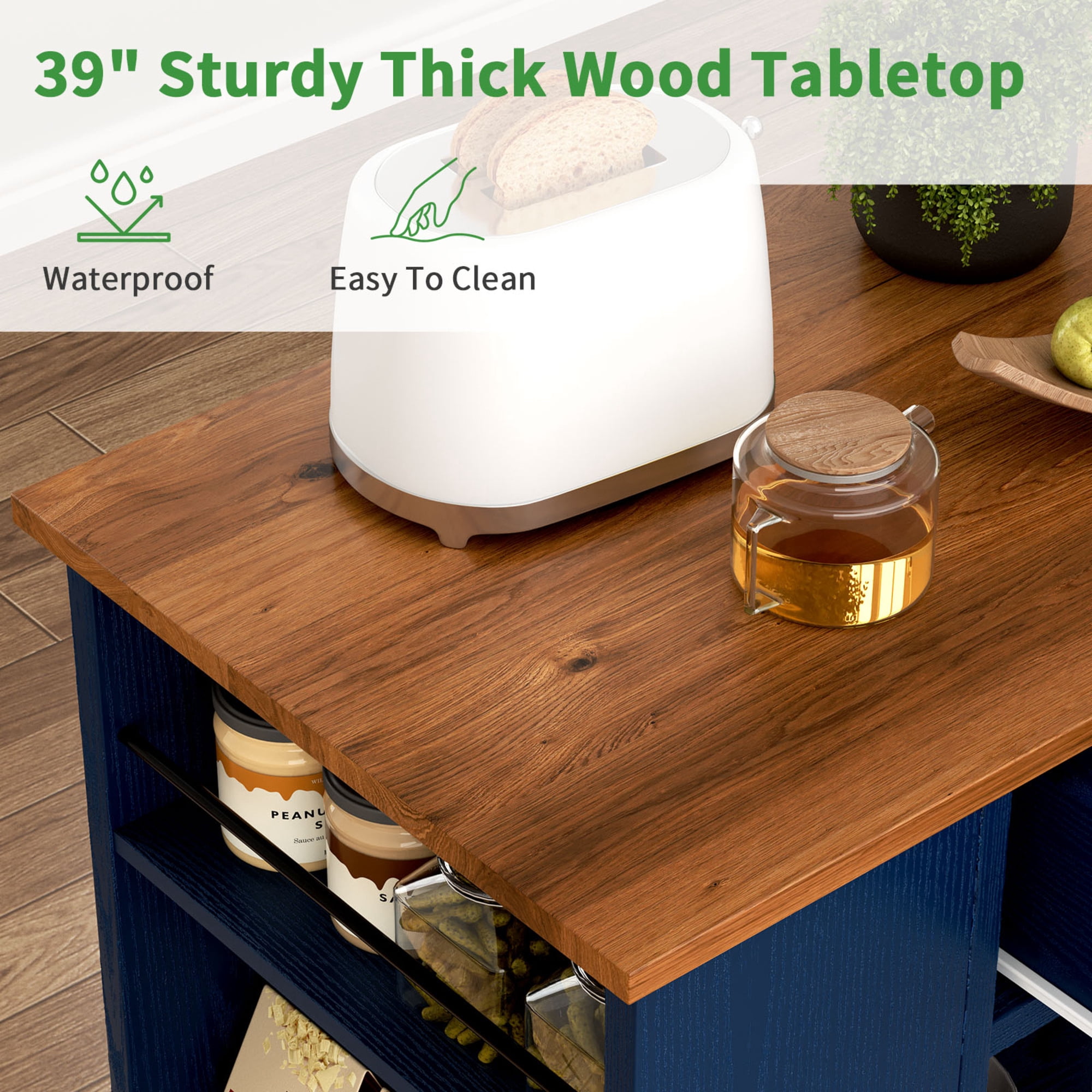 Kitchen Island on Wheels with Storage, Rolling Cart with Spice Rack, Towel Rack, Open Shelves & Drawer, Portable for Kitchen/Dining, Blue