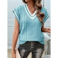 thumbnail image 6 of Oversized Sweater Vest for Women V Neck Cap Sleeve Cable Knit Vest Loose Striped Pullover Tank Tops Blue S, 6 of 8