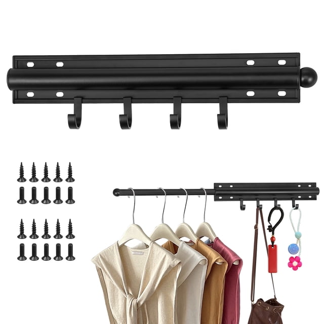 Pull Out Closet Valet Rod Aluminum Slide Hanger Rail Hooks Space Saving Organizer (black )