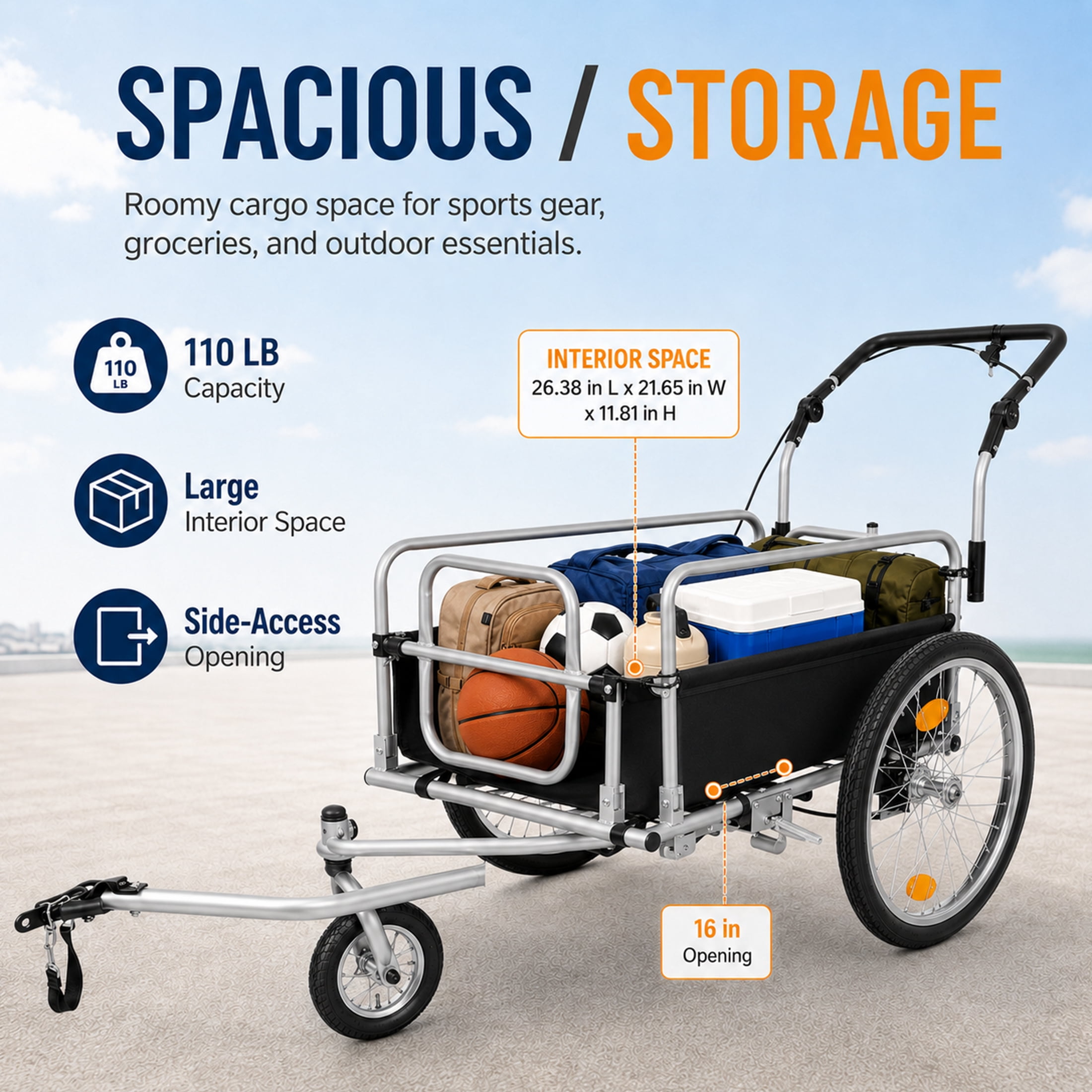 3-in-1 Heavy Duty Bike Cargo Trailer, E-Bike Compatible Bicycle Utility Cart with Stroller & Pull Cart Function, 110 lbs Capacity, Suspension, 20" Wheels, Black Gray