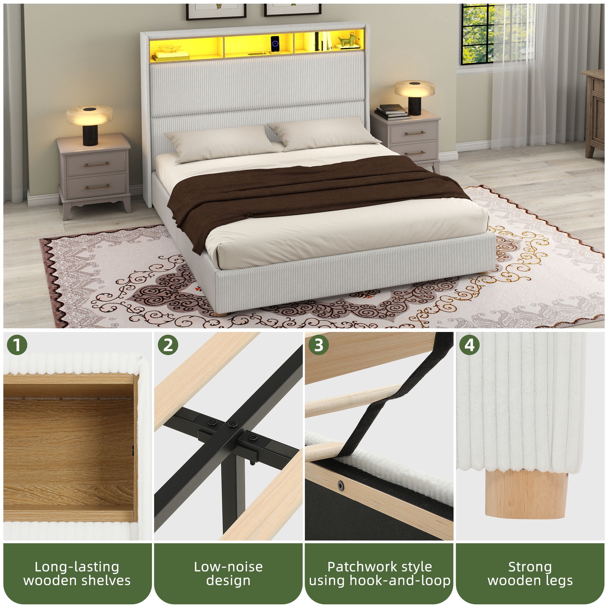 Uforic Upholstered Bed Frame with Tall Headboard & LED Lights, King Size, White