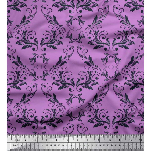 Soimoi Purple polyester Crepe Fabric Filigree Damask Printed Craft Fabric by the Yard 42 Inch Wide