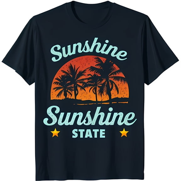 Stylish Black T-Shirt with Vibrant Sunset & Tree Graphic Sunshine Sunshine State