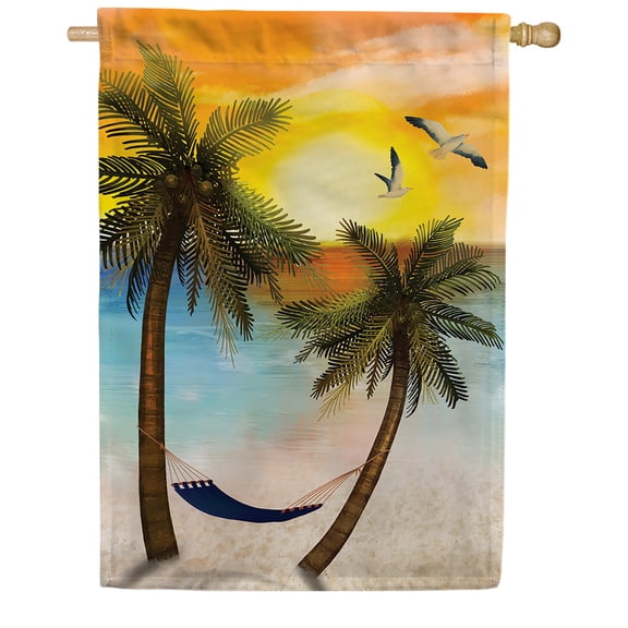 America Forever Tropical Sunset in Paradise House Flag 28 x 40 inches Beach Palm Tree Holiday Hammock Seashore Nautical Coastal Double Sided Yard Outdoor Decoration