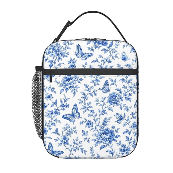 Blue Butterfly Floral Lunch Bag Reusable Thermal Lunch Box with Handle for Women and Men