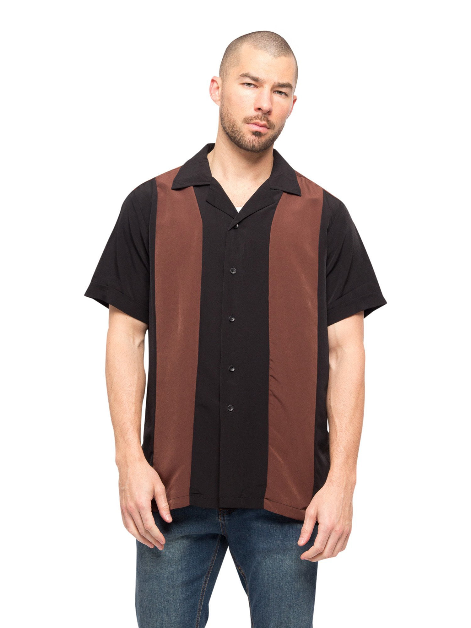 G-Style USA Mens Two Tone Button Up Striped Casual Bowler Guayabera Bowling Shirt 