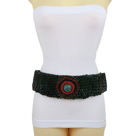 Women Waist Hip Bohemian Wide Tie Fabric Green Beads Belt M L
