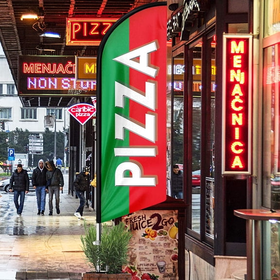 QSUM Pizza Swooper Flag, 11 FT Pizza Feather Flag with Pole Kit/Stainless Steel Spike and Portable Bag, Pizza Adervisting Banner for Business