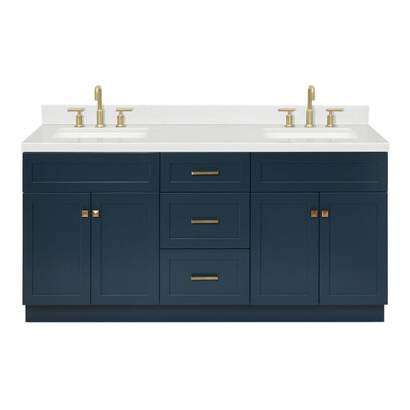 Ariel Hamlet 72 In. Double Rectangle Sink Bathroom Vanity With Carrara White Quartz Countertop 1.5 Edge In Midnight Blue
