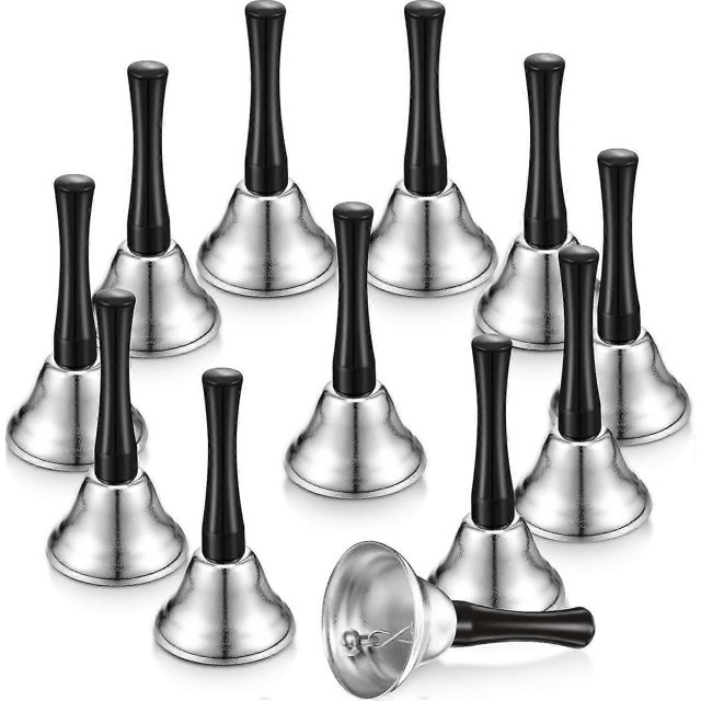 12 Pieces Metal Hand Bells Call Bell Service Hand Bells Black Wooden Handle Handbells Metal Handbells Musical Percussion For Schools (silver)