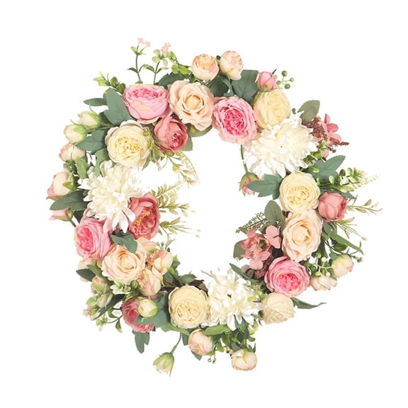 15.74 Inch Farmhouse Valentine's Wreath - Artificial Flower Wreath with Red Pink Roses, Tulips & Flocked Lambs Ear for Front Door, Window, Porch & Indoor Decor