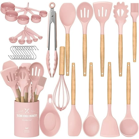 

Non-Stick Silicone Cooking Utensils Wooden Handle Holder 33 pcs (Khaki) Kitchen Gadgets Spatula Set Cooking Essentials