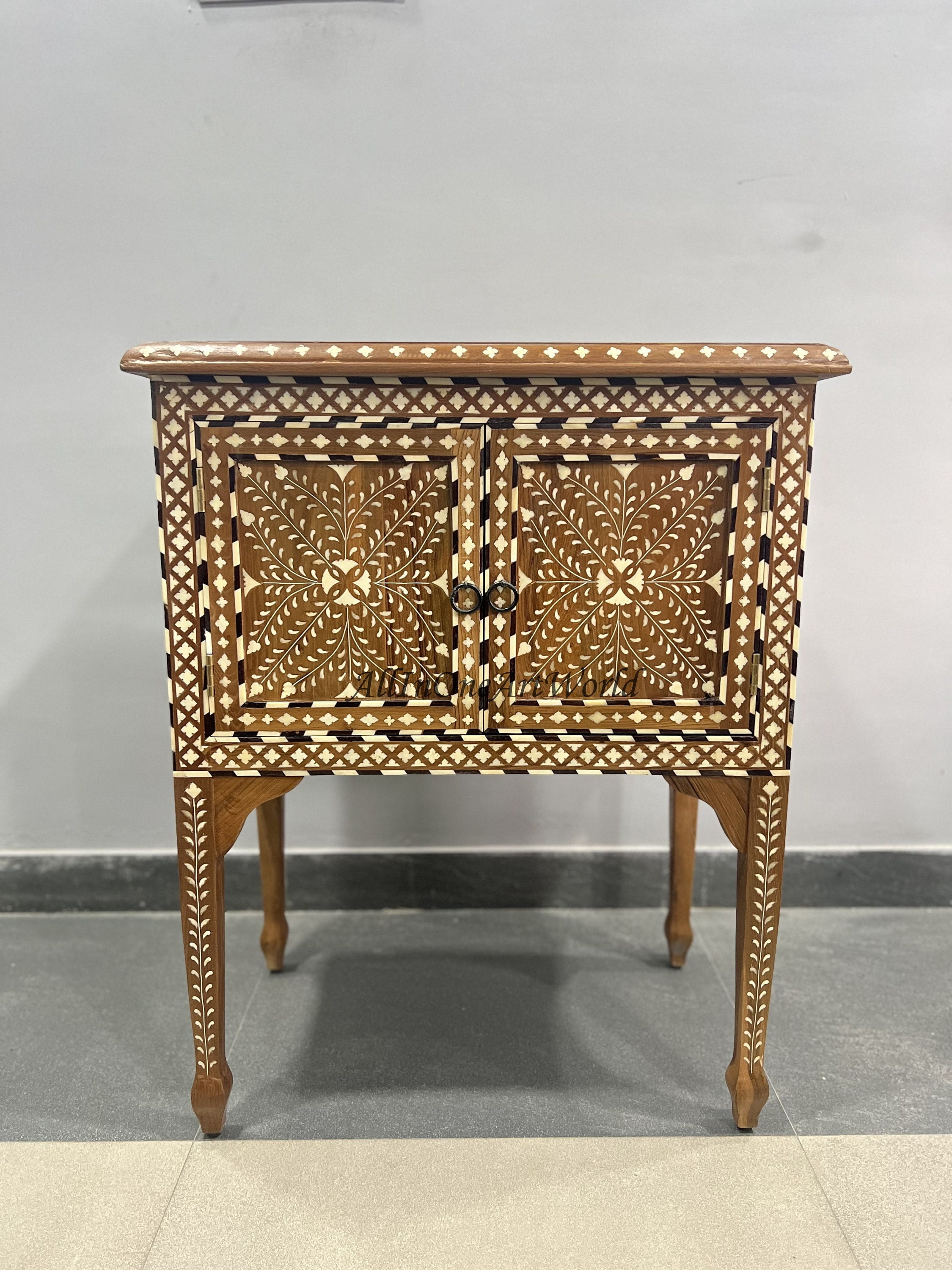 Natural Teak Bone Inlay Nightstand, Teakwood Bedside Table, Bone Inlaid ...