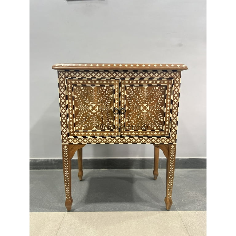 Natural Teak Bone Inlay Nightstand Teakwood Bone Inlay Bedside Teakwood Bone inlay side table bone inlay table Bone Inlaid furniture