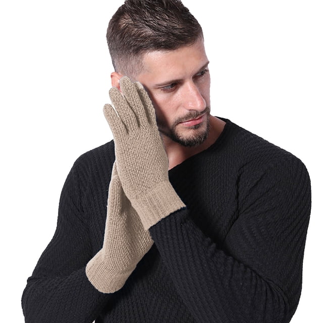 AWZXDE Mens Gloves Solid Color Winter Thickened Knitted Outdoor Warm Screen Snowman Embroidered