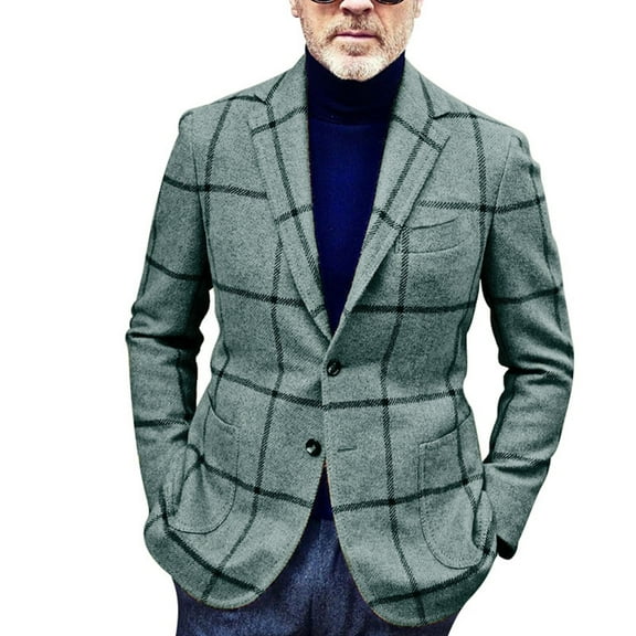 Men Plaid Suit Jacket Slim Fit Lapel Collar Button Men Suit Coat Casual Suits for Business Office Green XL