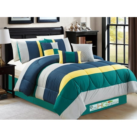 7-Pc Modern Striped Pleated Quilted Comforter Set Teal