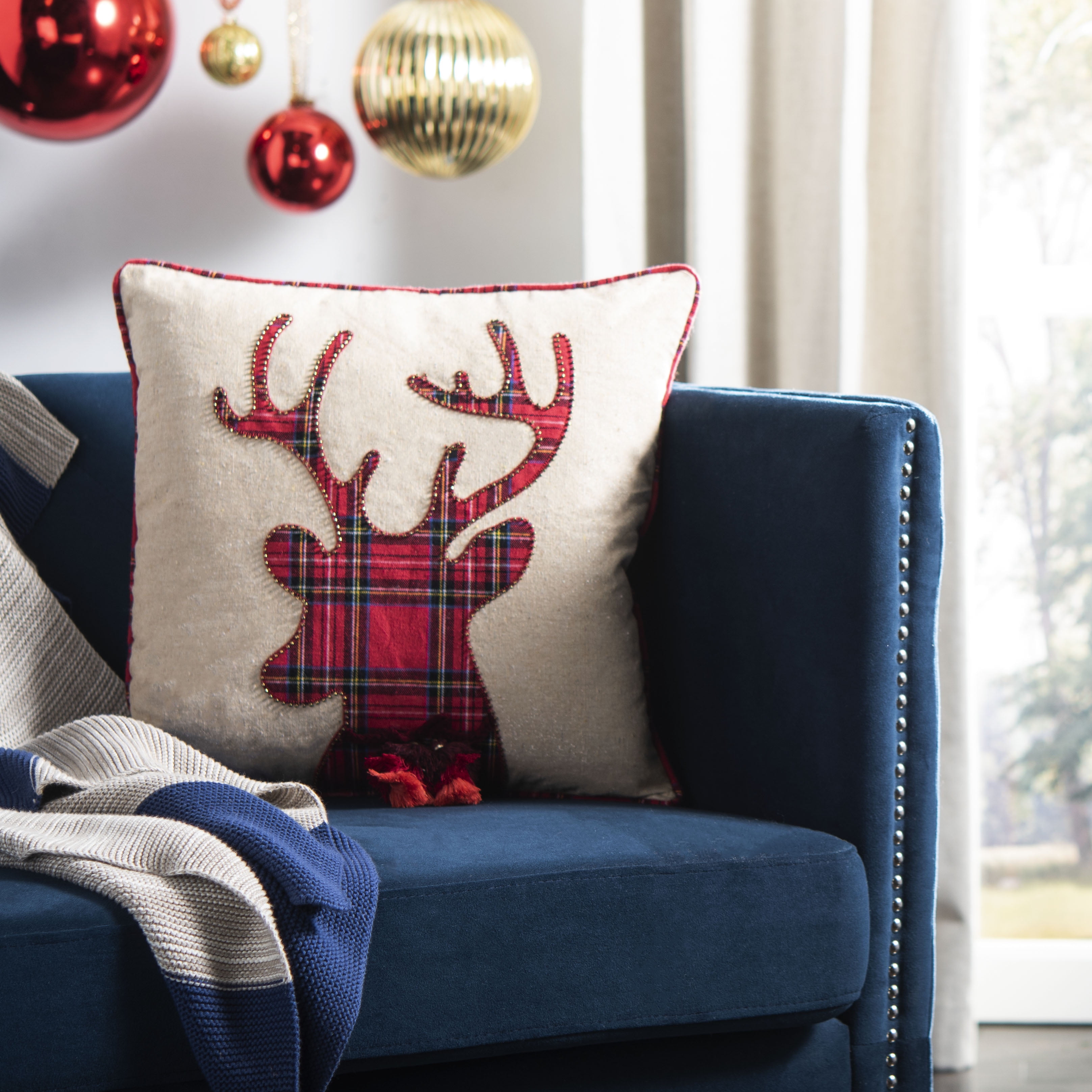 Holiday Plaid Reindeer Throw Pillow, 18" x 18", Red