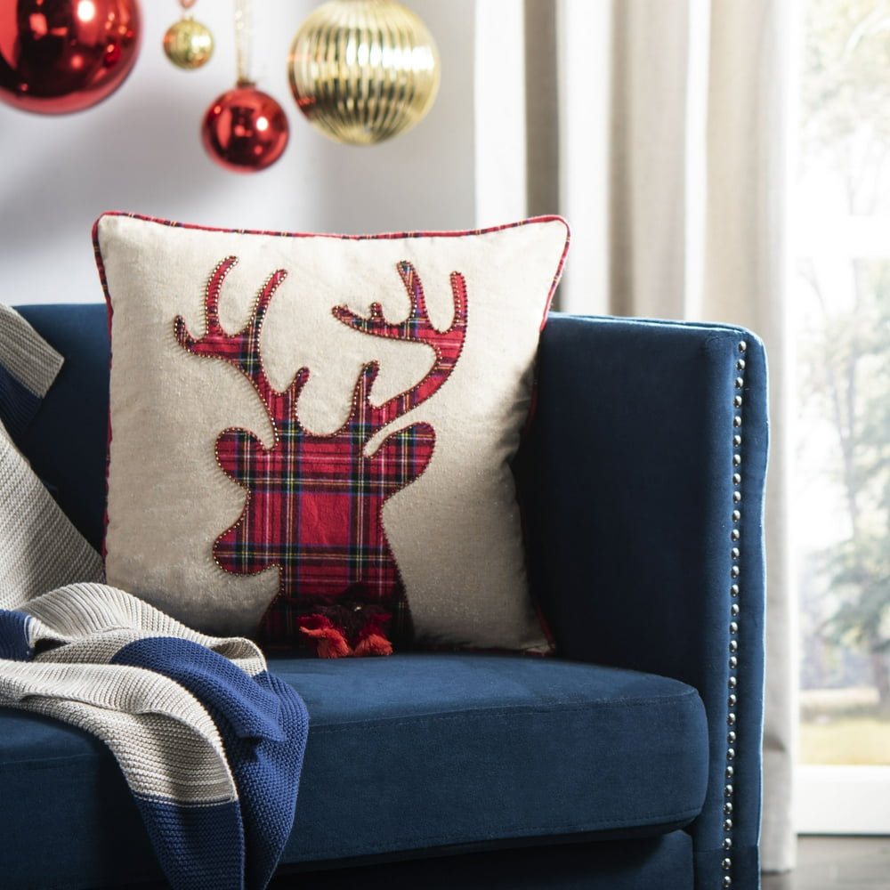 Holiday Plaid Reindeer Throw Pillow, 18" x 18", Red