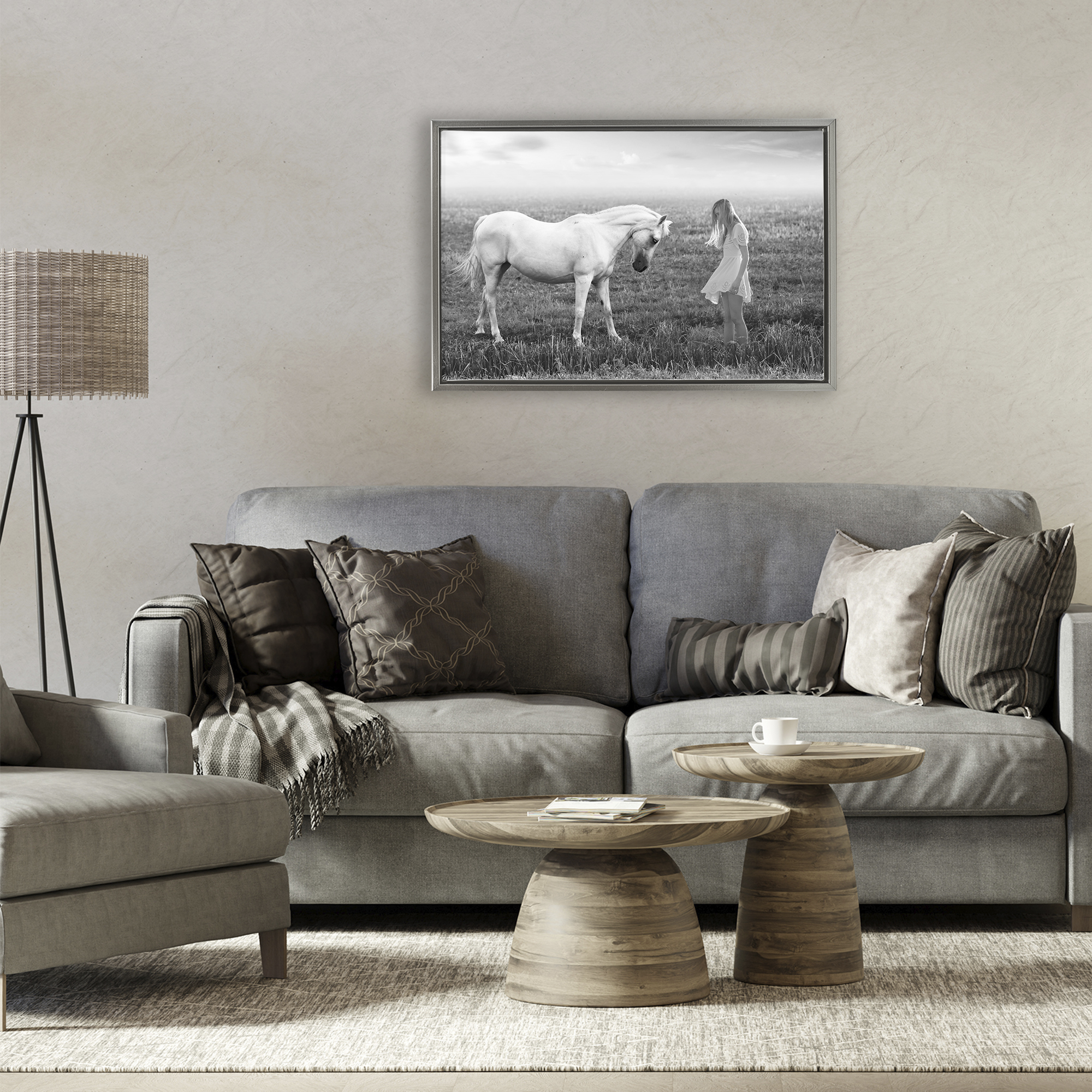 Her White Horse Gray Framed Floater Canvas Wall Art, design by Ata Alishahi