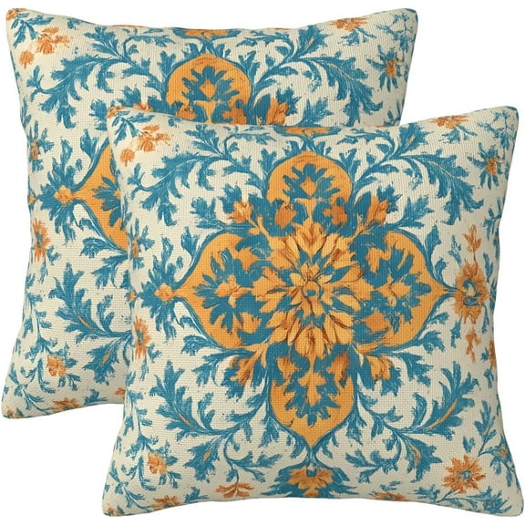 Blue Orange Boho Pillow Covers 16x16 Inch Set of 2 Ethnic Carpet Pattern Floral Outdoor Decorative Throw Pillows Fall Vintage Cushion Covers for Sofa Bed Couch Living Room Decor