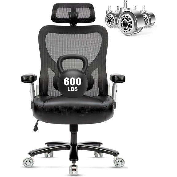 Super Big and Tall Office Chair 600lbs- Heavy Duty Executive Computer Chair with Rubber Wheels 3D Flip Arms, Ergonomic Mesh High Back Desk Chair, Extra Wide Seat Adjustable Lumbar Support&Headrest