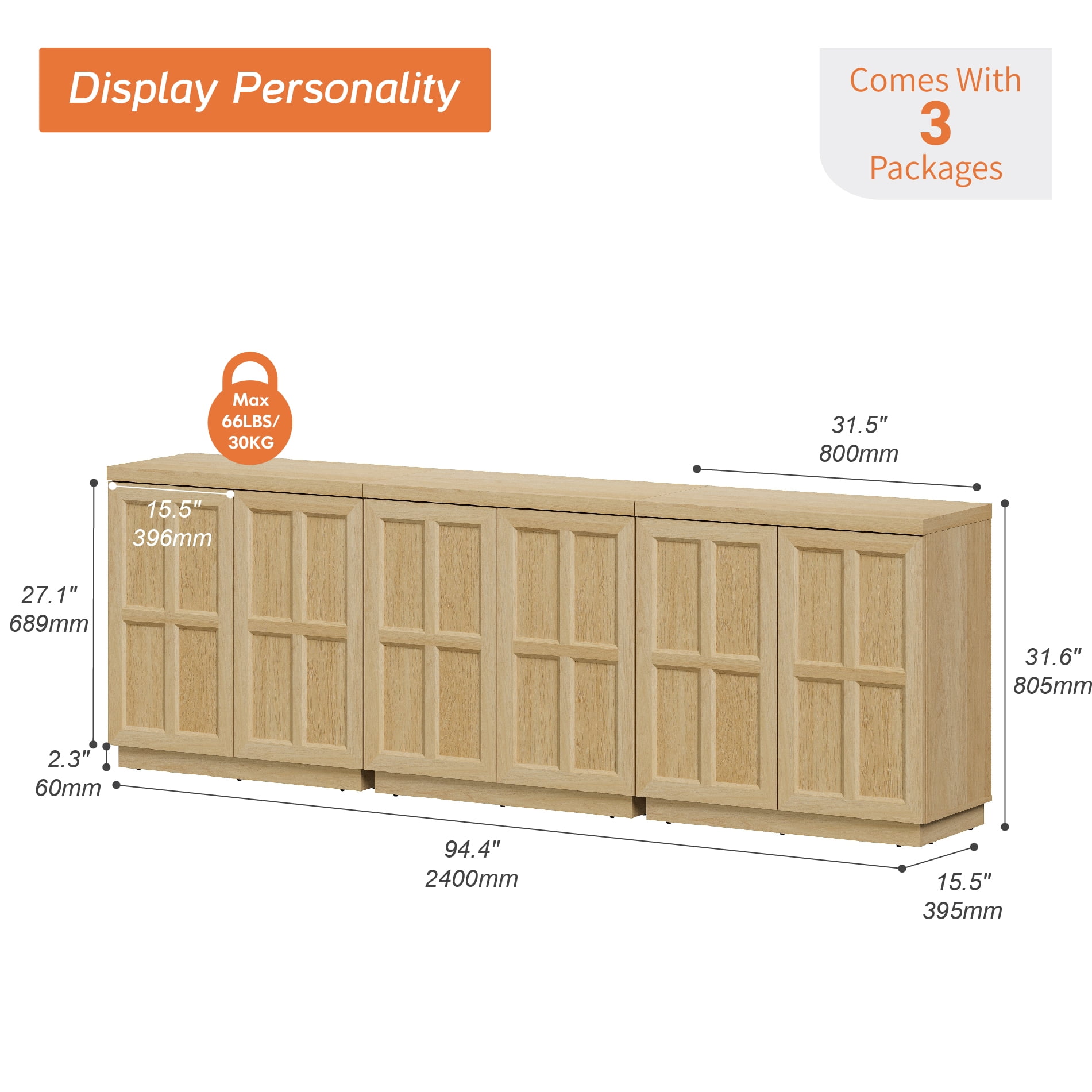 HOMOOI 3-in-1 Sideboard Buffet Cabinet with Cabinets and Adjustable Shelves,Boho 94.5" Heavy-Duty Wood Coffee Bar Cabinet,Modern Console Table for Kitchen, Dining Room, Living Room,Oak