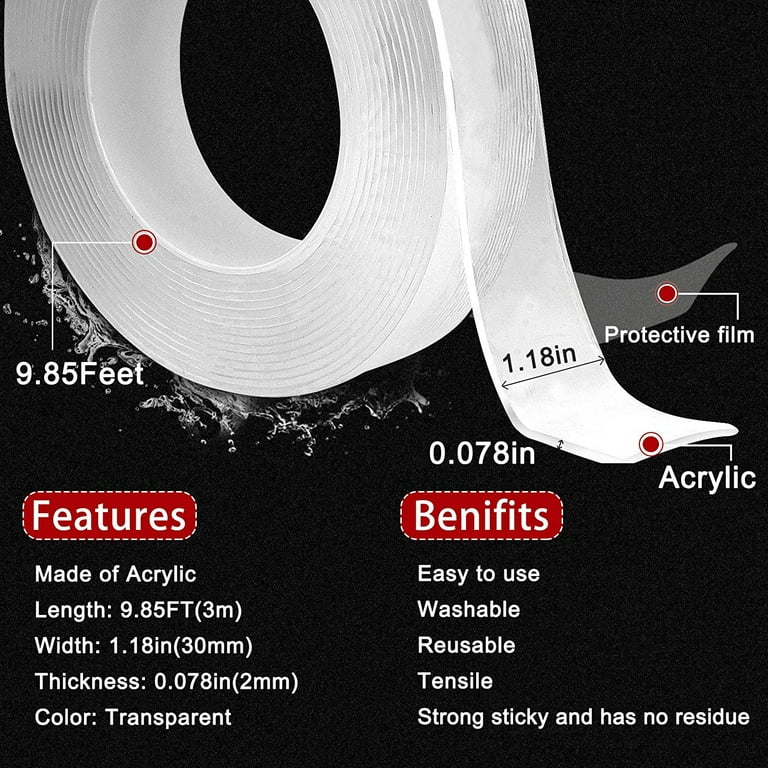 9.85FT Double Sided Tape Heavy Duty for Walls Washable and Reusable  Adhesive Mounting Tape Rug Tape Clear Tape for Pae Items,Party Der,Mats,  Office 