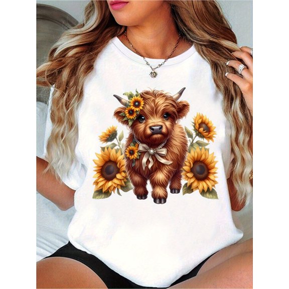 Cute Highland Cow T-Shirt Baby Cow Sunflower Pearl Bow Tee