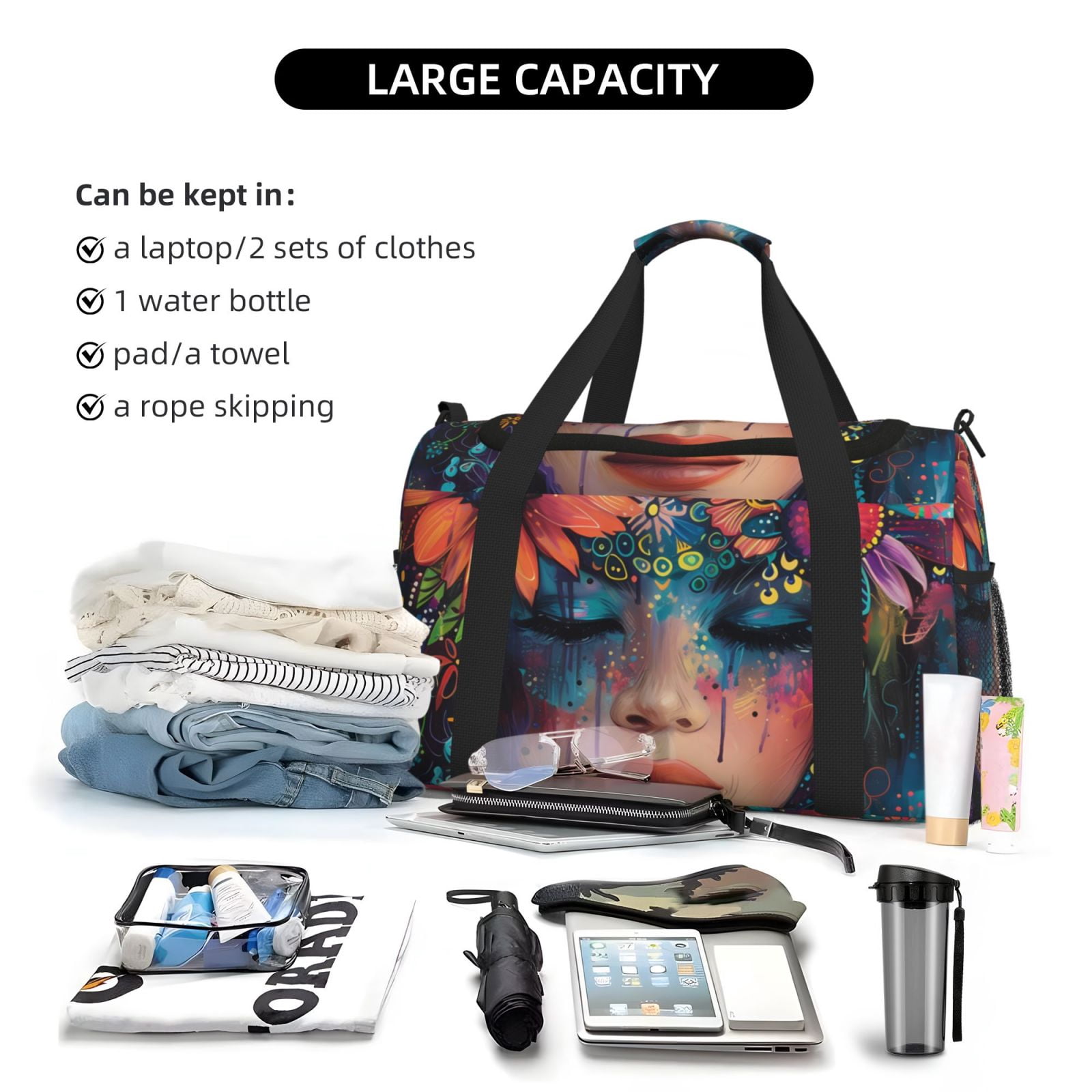 Fuzoiu Bohemian Colorful Flower Woman Print Travel Duffle Bag,Carry On Tote Bags,Duffel Bag,Sport Gym Bag, Hospital Bag for Labor and Delivery, Overnight Bag,Luggage Bag