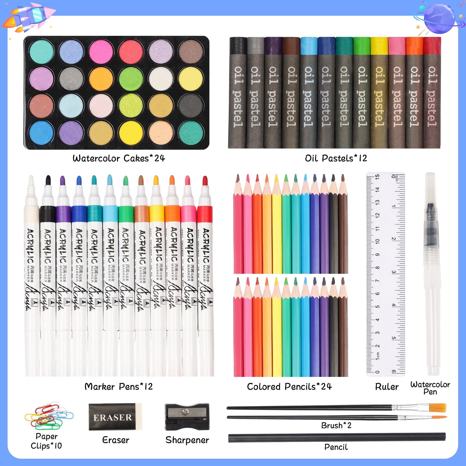 IZZONI 88-Piece Deluxe Drawing Kit with Oil Pastels, Colored Pencils, Markers, Watercolor Cakes & Brush