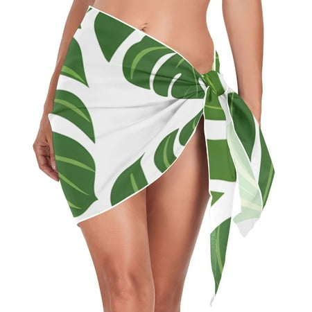 Green Leaves Women Coverups Beach Cover Up Chiffon Swimsuit Bikini Wrap Short Skirt Beach Slit Tie Waist