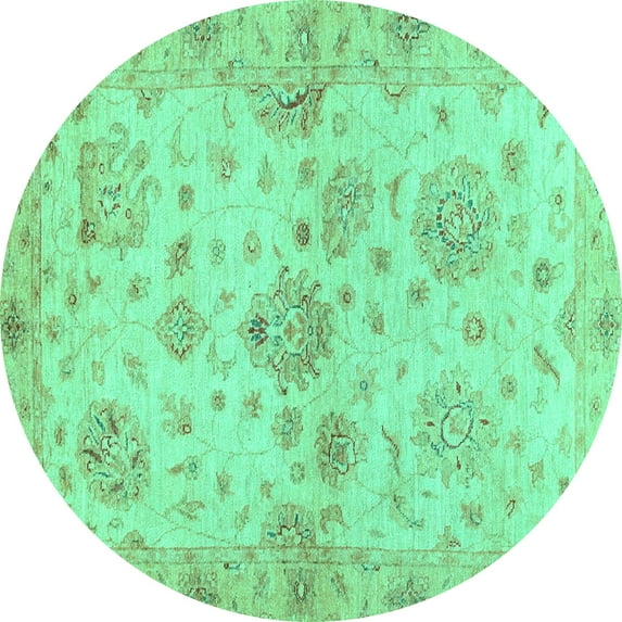 Ahgly Company Machine Washable Indoor Round Oriental Turquoise Blue Traditional Area Rugs, 4' Round