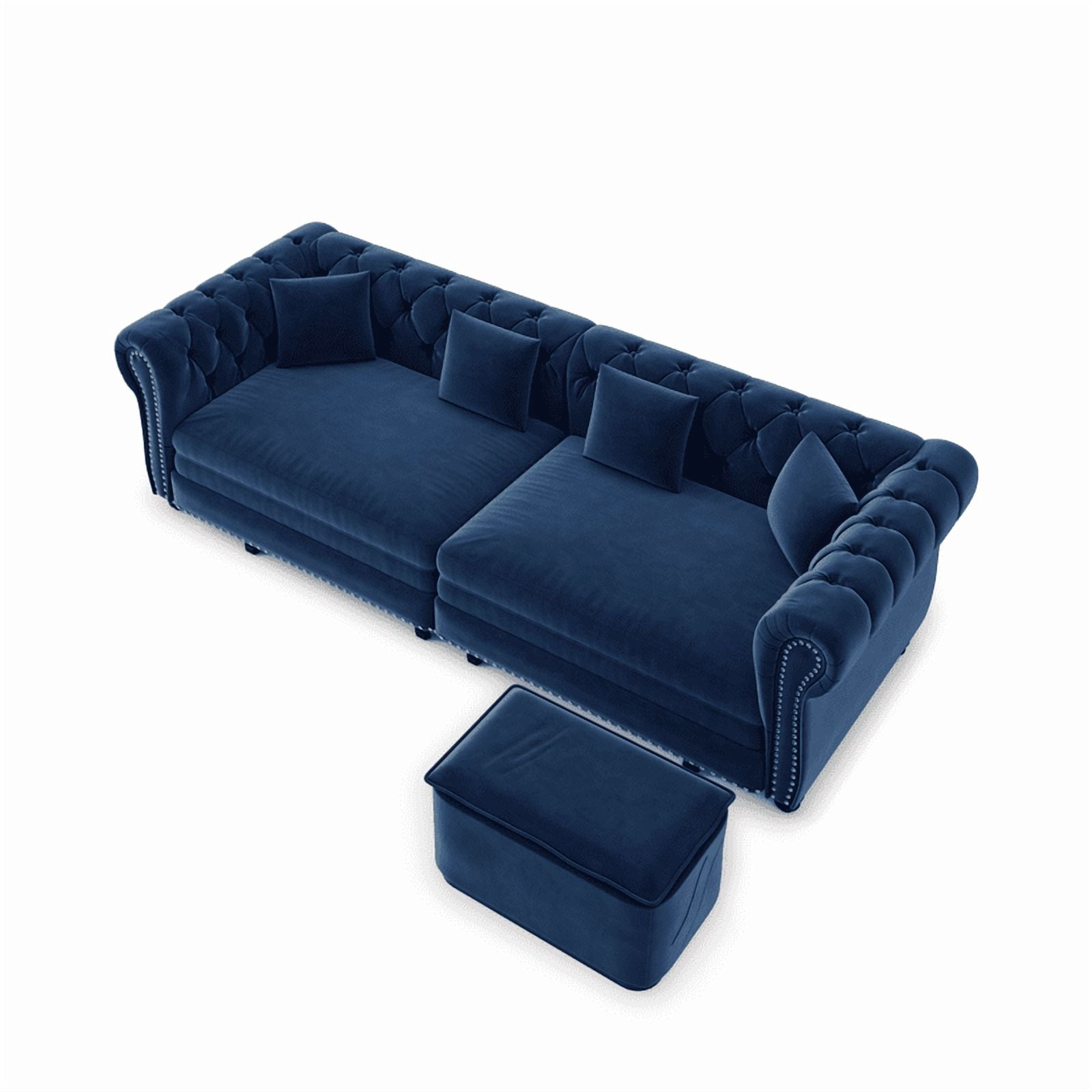 3-in-1 Pull-Out Sofa Bed, 89'' Chesterfield Sofa, Convertible Sleeper Sofa Bed, King Size Sofa Bed, Chaise Lounge, Tufted Design Velvet 3-Seater Sofa with Movable Ottoman