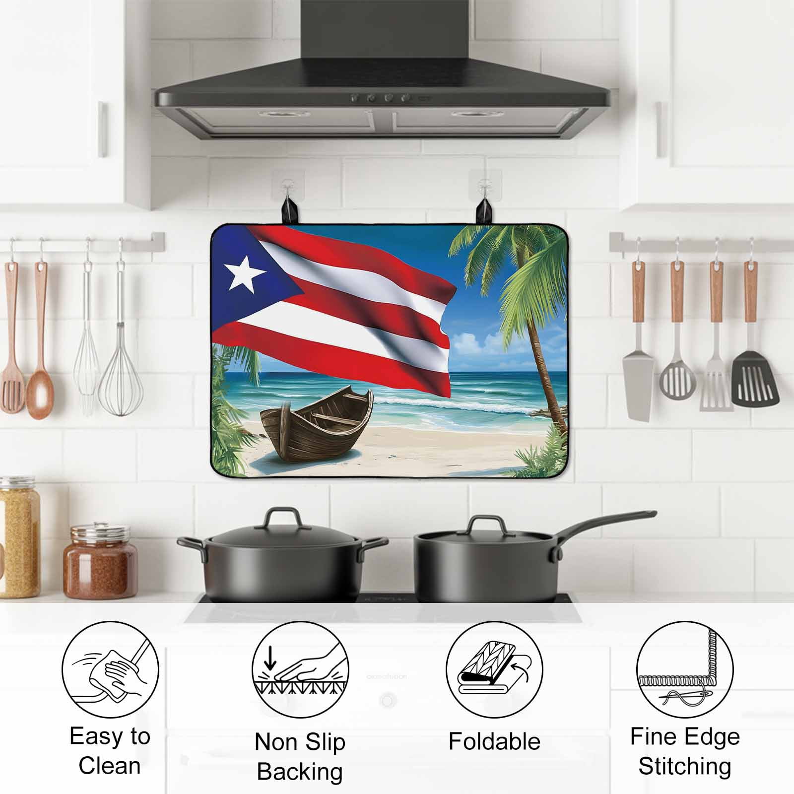 Puerto Rico Flag Sea Stove Top Cover for Electric Stove, Heat-proof & Non Slip Glass Top Stove Cover Protector, Beach Palm Trees Boat Nautical Kitchen Flat Cooktop Rubber Mat 24x21 Inches