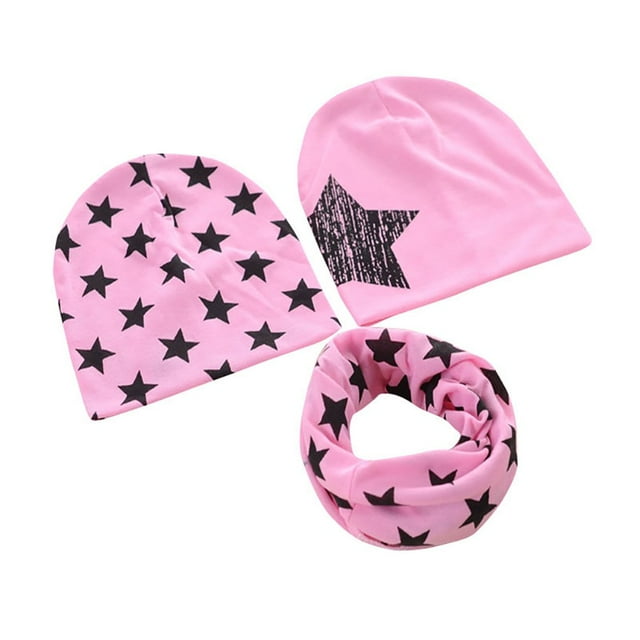 Kids Hat Red 3Pcs Star Print Beanie Caps Scarf Set Autumn Winter Crochet Baby Infant Hat