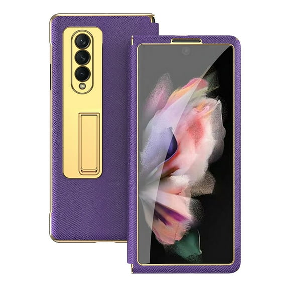 K-Lion for Samsung Galaxy Z Fold 3 Case, Invisible Hardware Kickstand Tempered Glass Front Film Cover Electroplating Frame Anti-Drop Shockproof Case for Samsung Galaxy Z Fold 3 7.6 Inch,Purple