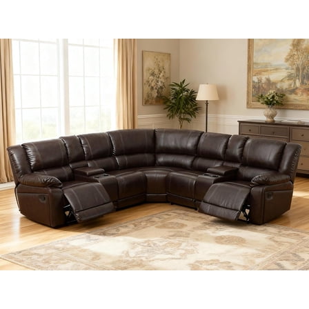 L-Shaped Brown Manual Faux Synthetic Leather Sofa Sets,Adjustable Angle,3-Piece Sectional Couch Living Room Sofa Set,with Cup Holder and Storage Table