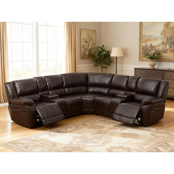 L-Shaped Brown Manual Faux Synthetic Leather Sofa Sets,Adjustable Angle,3-Piece Sectional Couch Living Room Sofa Set,with Cup Holder and Storage Table