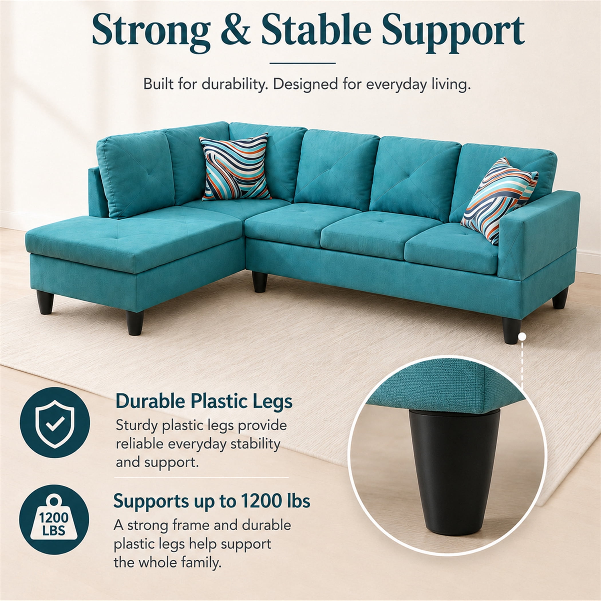 Aukfa 97" Classic Sectional Sofa 4 Seat L shape Couch for Living Room, 2Pillows, Oversized Left Chaise, Linen, Aqua Blue