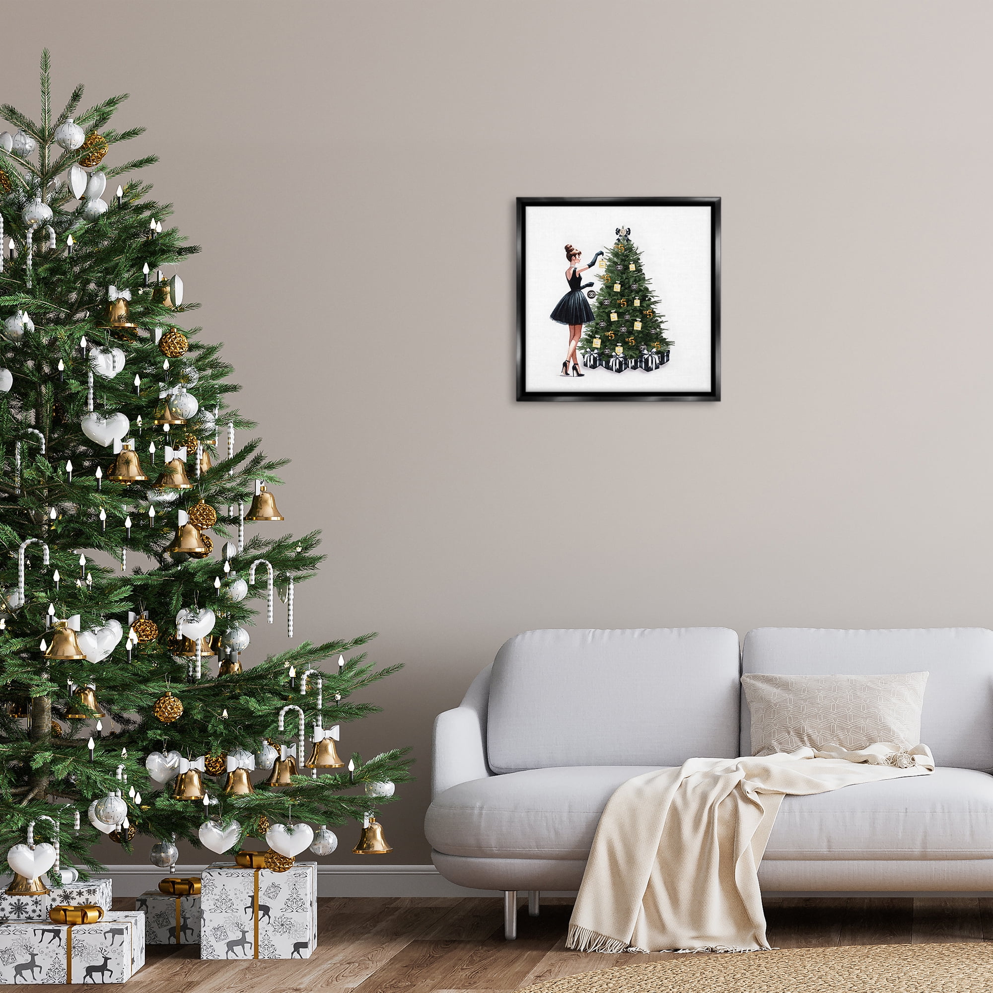 Stupell Industries Trendy Christmas Tree Holiday Painting Black Floater Framed Canvas Art Prints Wall Art, 25 x 25
