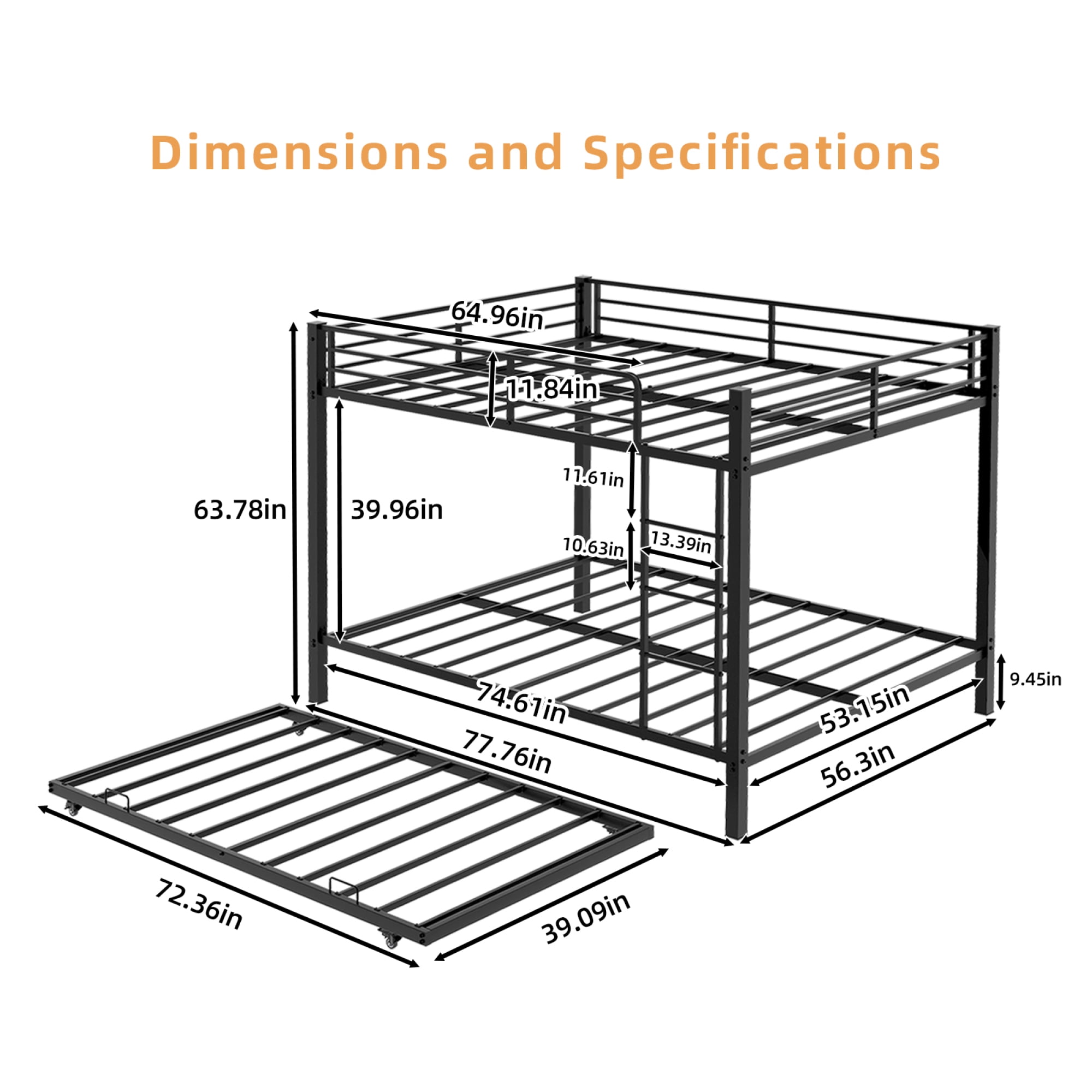 Leumius Triple Bunk Bed Full over Full with Trundle, Convertible Metal Bunk Bed Frame with Ladder & Safety Guardrail, Space-Saving for Teens and Adults,Black