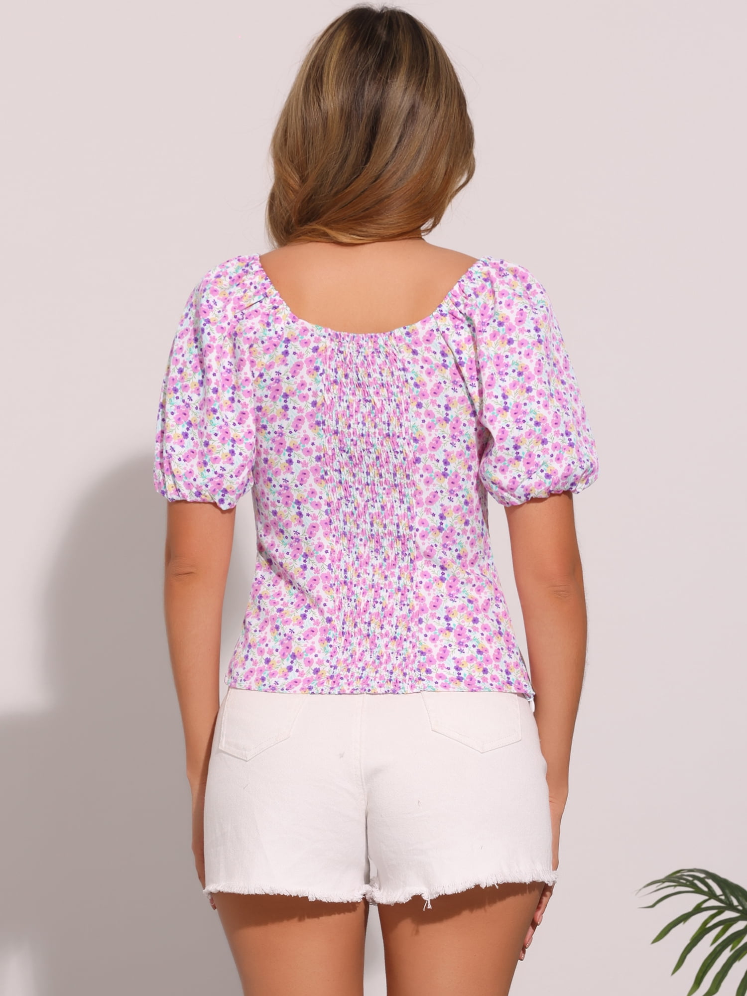 DARING DIVA Puff Sleeve Sweetheart Neck Smocked Floral Top S White Purple